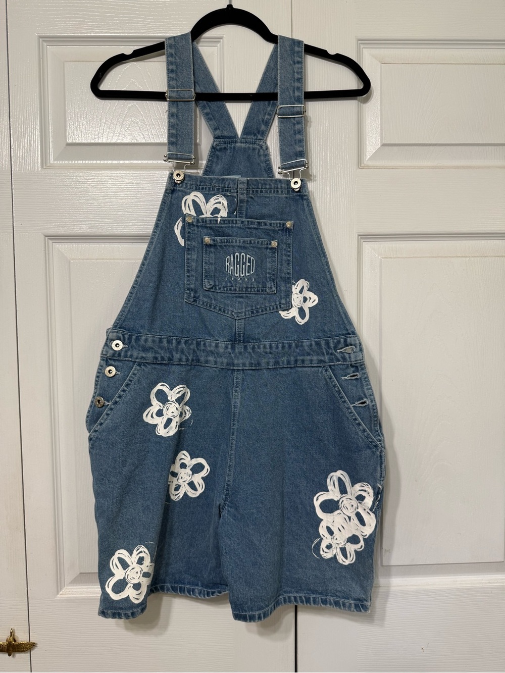 Ragged Jeans Blue Denim Overalls with White Floral Accents
